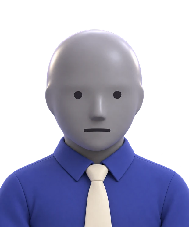 The NPC, front view, grey head and blue shirt.